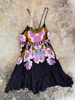 Free People Black Floral Sundress with Pink & Olive Accents